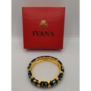 Vintage Ivana Trump Enamel Teal With Gold Tone Bangle Hinged Bracelet 6.5inch